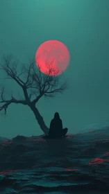 Silhouetted figure observes large red moon over barren ground