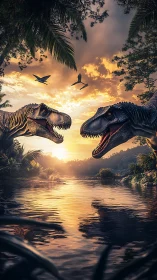 Sunset river standoff with two roaring jungle dinosaurs.