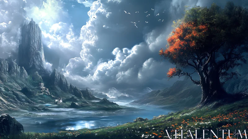 Enchanted lakeside valley beneath glowing stormlit clouds.