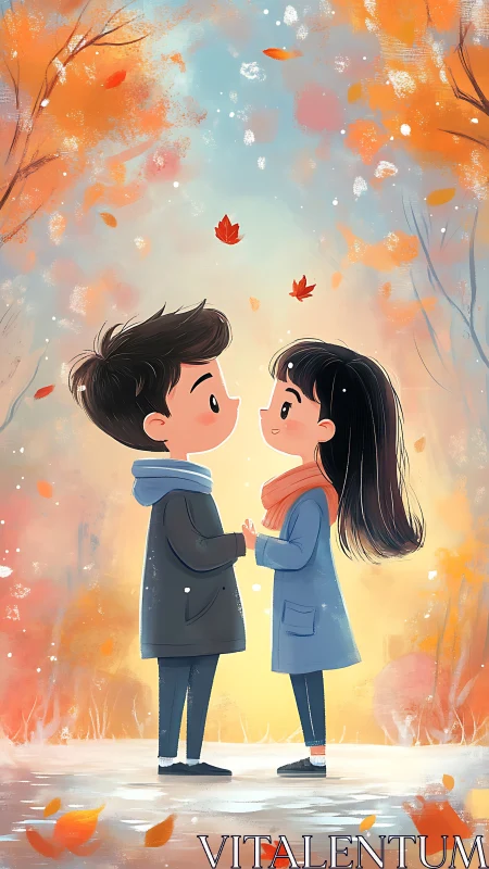 Two Children Holding Hands in Autumn Leaves