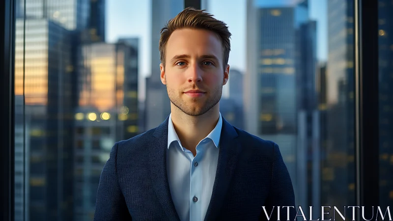 Urban dusk frames confident young executive in glass citadel.