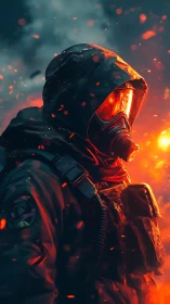 Hazmat soldier in hooded tactical gear amid burning embers