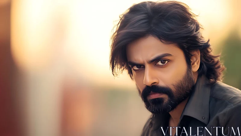 Serious long haired man portrait in warm soft light.