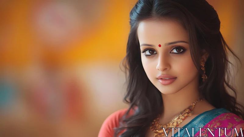 Graceful woman in saree gazes softly against warm bokeh