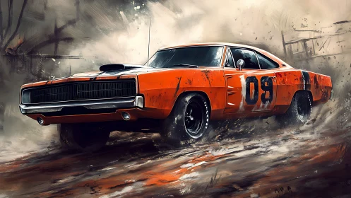 Muscle car powerslide in dynamic muddy rally environment.