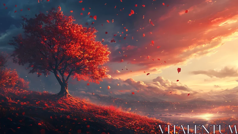Fiery autumn tree glows against a dramatic sunset sky
