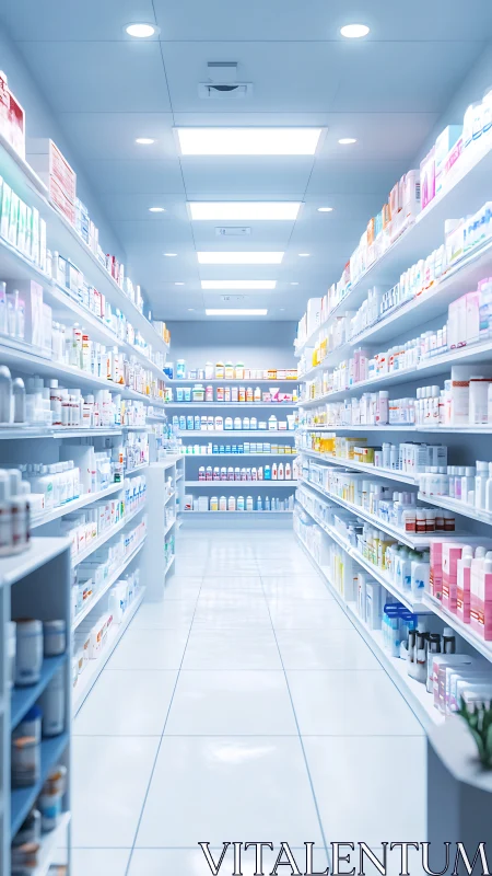 Photoreal pharmacy aisle under clinical overhead lighting.