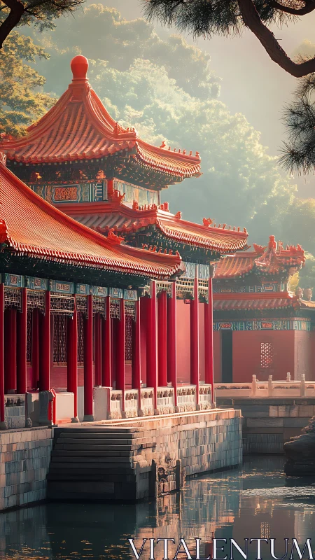 Red Chinese palace buildings stand beside still reflective water