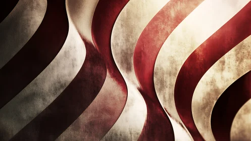 Textured red and white waveforms in distressed ribbon topology.