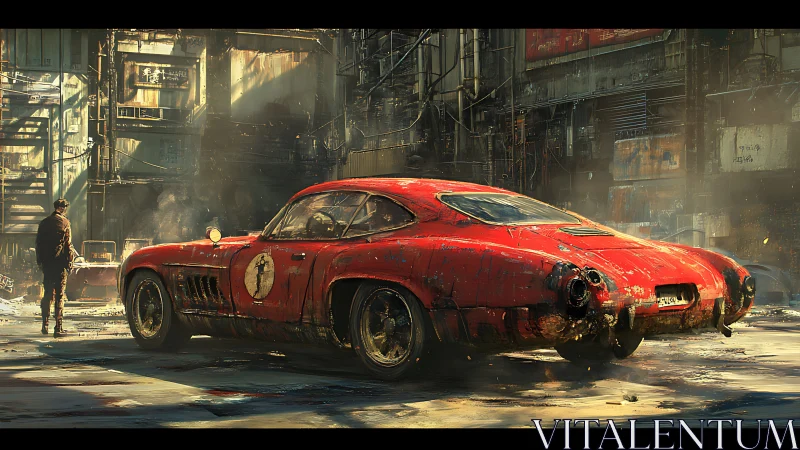 Weathered red sports car in gritty futuristic alleyway.