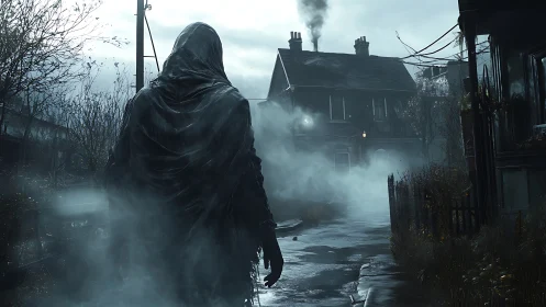 Hooded wraith walks foggy alley toward smoking house.
