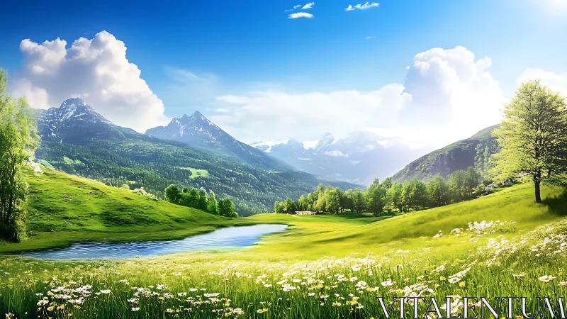 Sunlit alpine meadow unfolds beneath snowy mountain peaks.