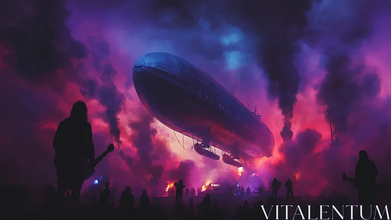 Steampunk airship over concert crowd in neon magenta haze