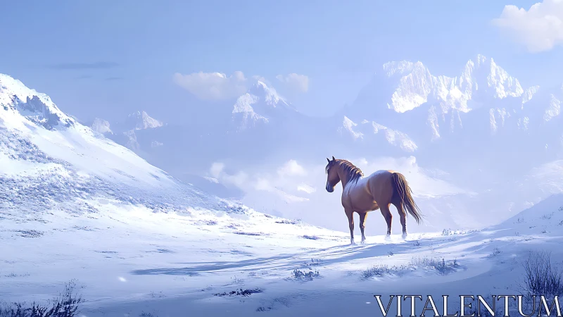 Solitary chestnut horse surveys sunlit snowy mountain valley