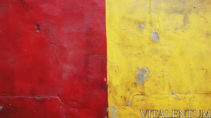 Red and yellow painted wall surfaces meet at a vertical seam