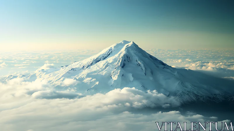 Snowy mountain peak rising gently above soft cloud seas.