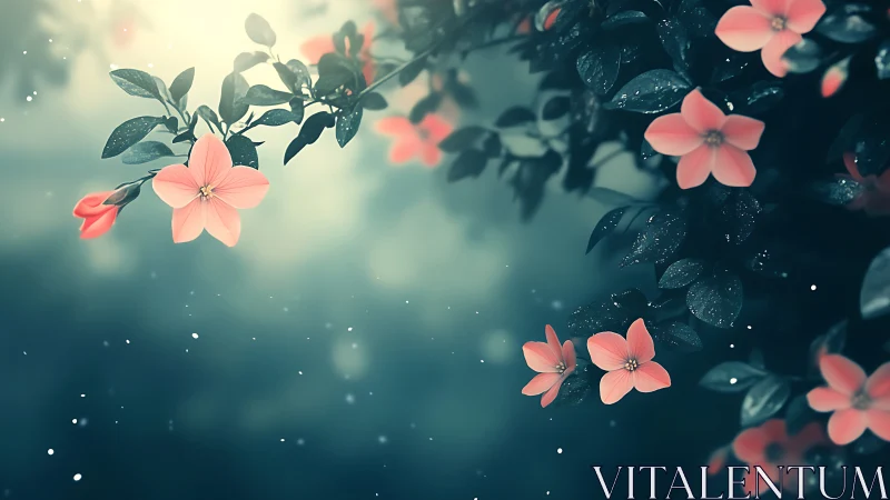 Pink flowers with foliage in soft-focus atmospheric setting.