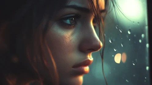 Melancholic woman profile beside rain-streaked window glow.