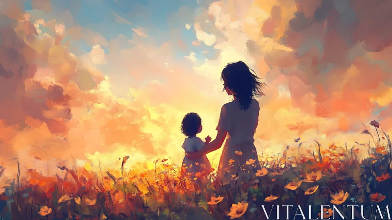 Mother and child silhouettes in impressionistic sunset field