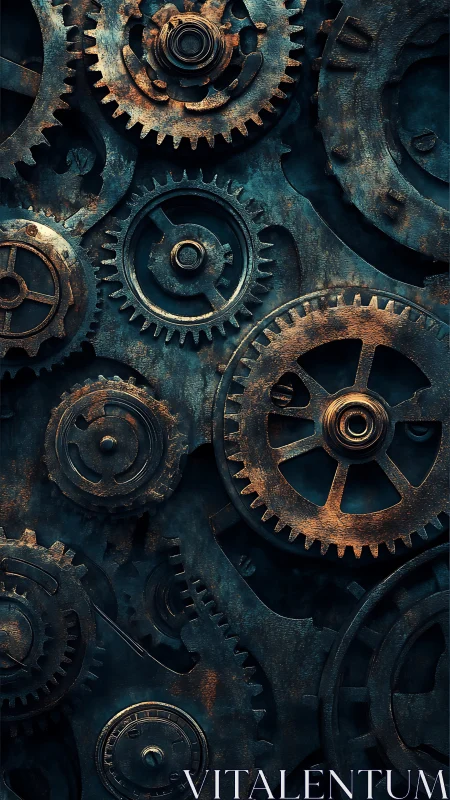 Interlocked rusted steel gear train with complex mechanical tolerances