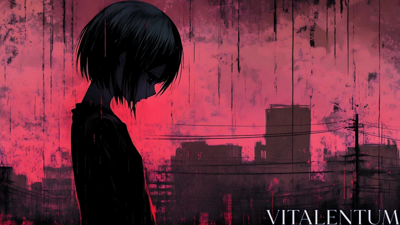 Anime silhouette against distressed crimson urban skyline.