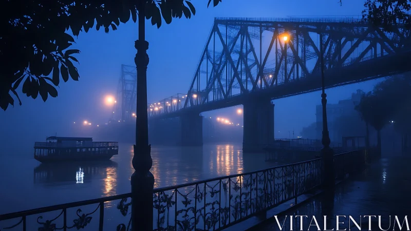 Foggy steel bridge and riverside walkway in blue hour light.