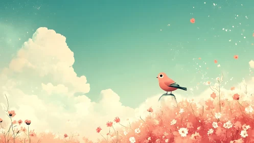 Small red bird on stone above pink wildflower meadow