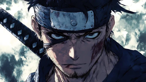 Battle-scarred ninja warrior glares under stormy sky.