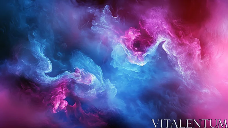 Vibrant pink and blue digital smoke curls across frame