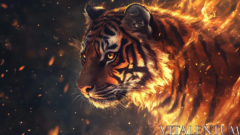 Tiger profile rendered in flames against dark backdrop.