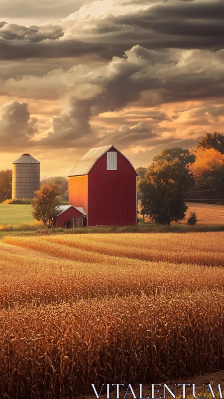 Red barn in golden cornfield under dramatic sunset clouds.
