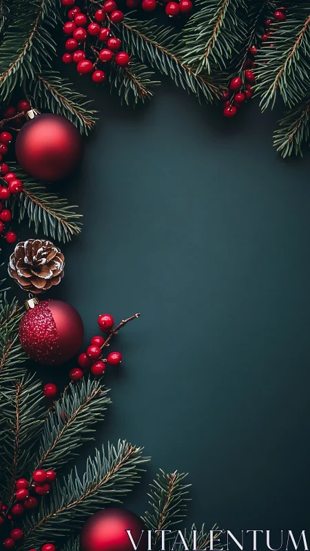 Festive red baubles and pine branches frame quiet holiday calm.