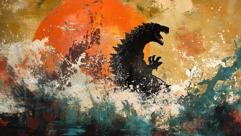 Giant sea monster silhouette against vivid orange sun