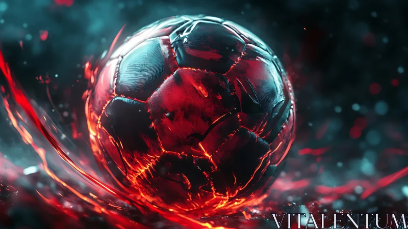 Molten midnight soccer ball wrapped in electric red fire.