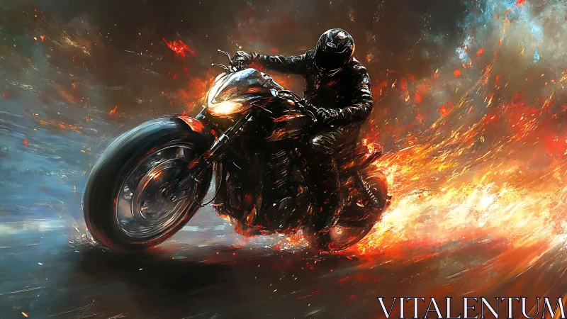 Blazing motorcycle rider carves a fiery path through night streets