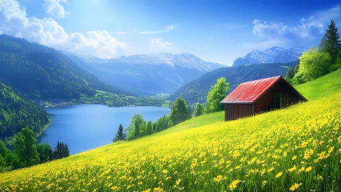 Red-roofed cabin stands above alpine lake and flower field