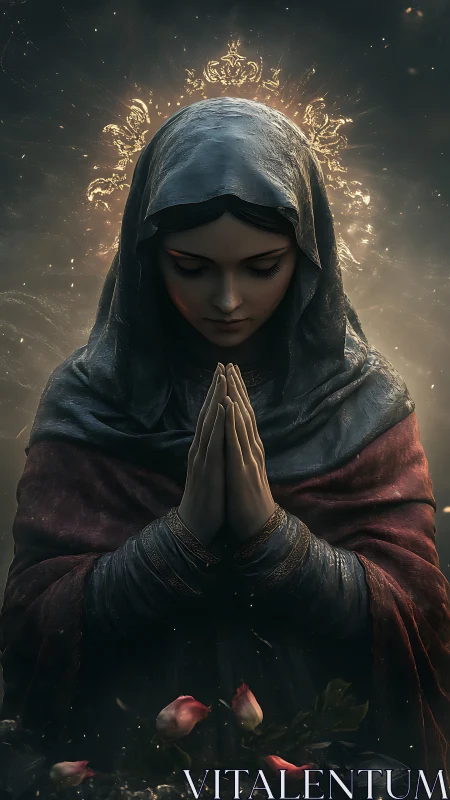 Praying veiled woman with radiant halo in dim atmosphere.