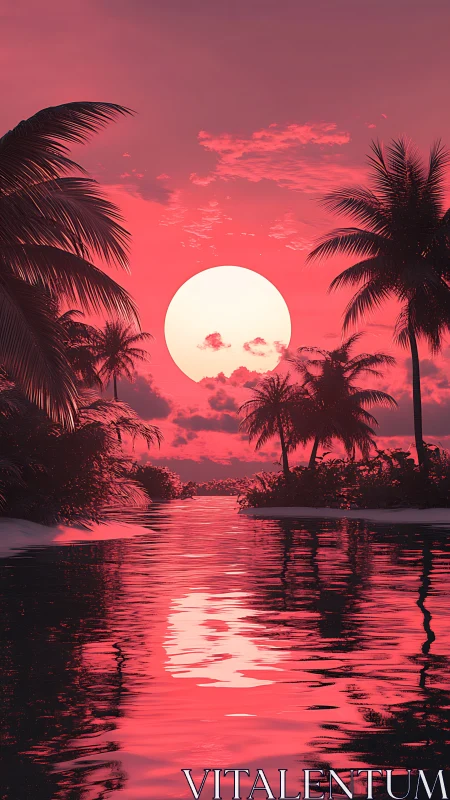 Rendered tropical inlet shows large sun over reflective water