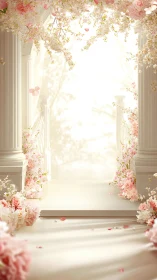 Neoclassical floral colonnade with high key atmospheric lighting.