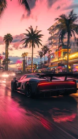 Neon city supercar glides through a dreamy sunset strip