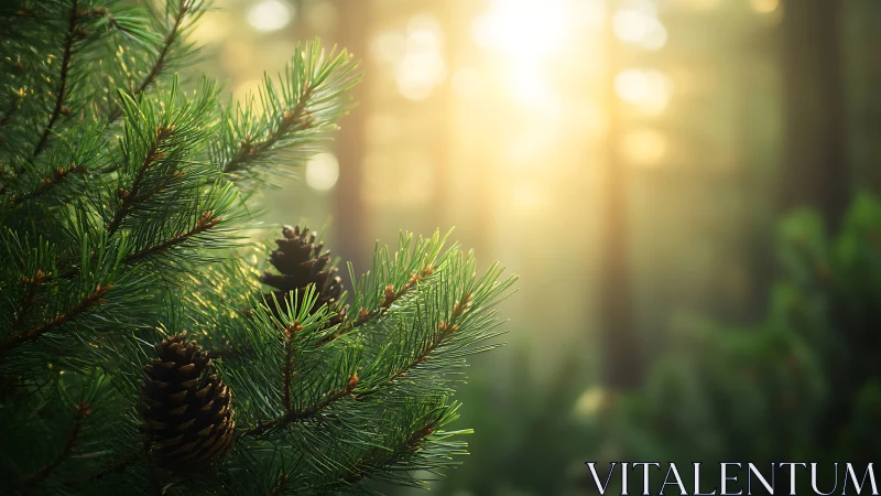 Sunlit conifer branches with pinecones: luminous bokeh forest scene.