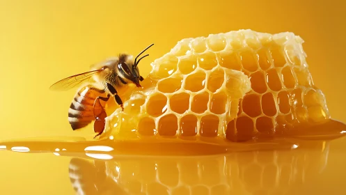 Honeybee harvesting nectar on glistening honeycomb macro study
