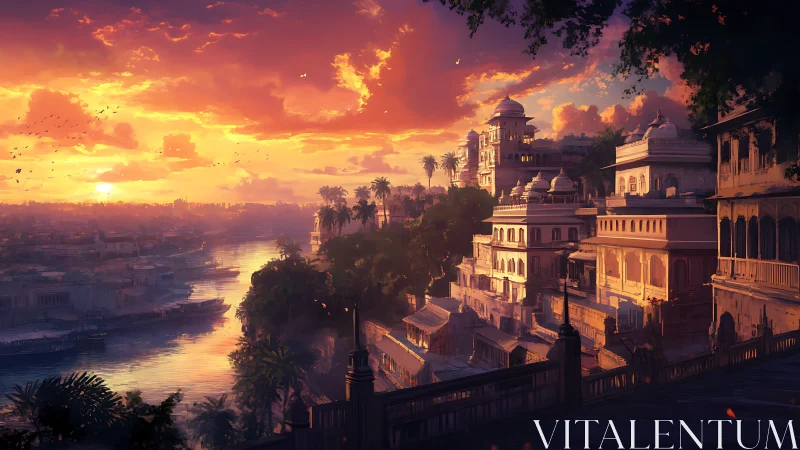 Sunset riverfront cityscape glows over layered historic buildings