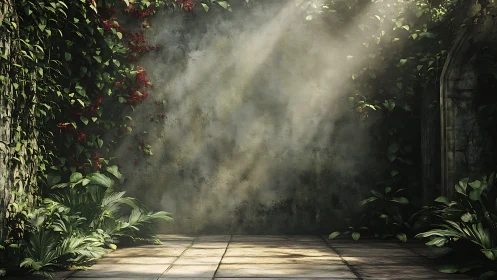 Sunlit garden wall with drifting mist and lush ivy frame.
