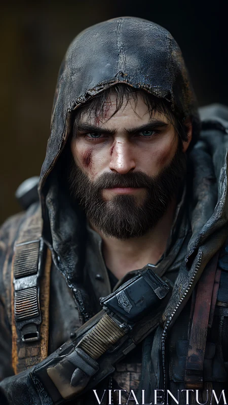 Hooded male figure in worn tactical clothing faces forward