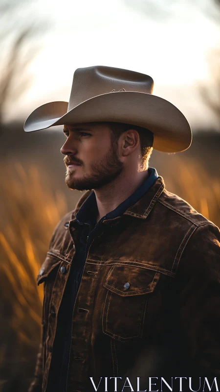 Cowboy hat portrait shows man in brown jacket at sunset