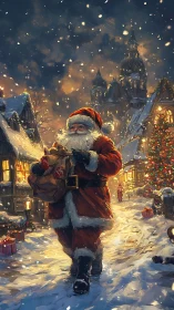 Santa strolling through a glowing winter village street.
