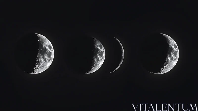 Lunar phases sequence with detailed crescent crater views.