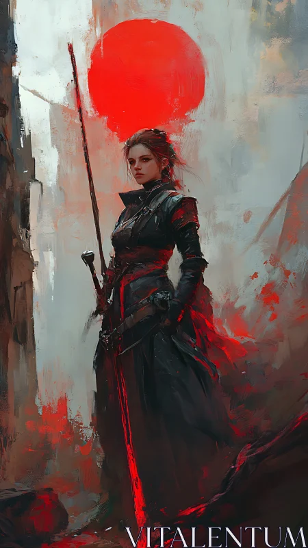 Red-accented warrior figure stands beneath circular sun form