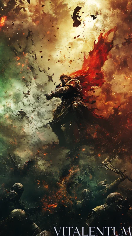 Armored warrior in burning battlefield with fragmented sky.